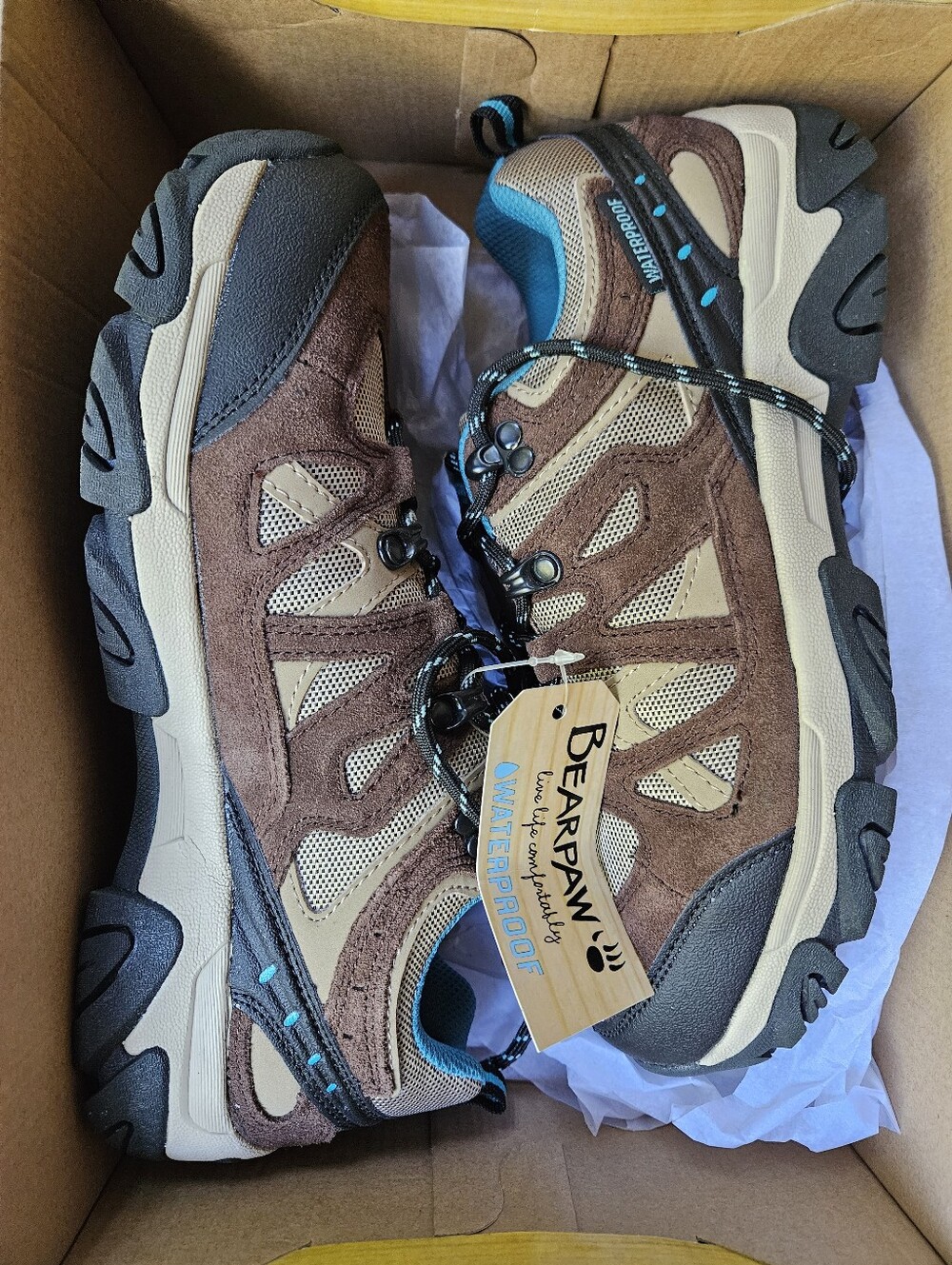 BearPaw Brown and Tan Waterproof Suede Trail Shoes with Teal Accents Womens 9